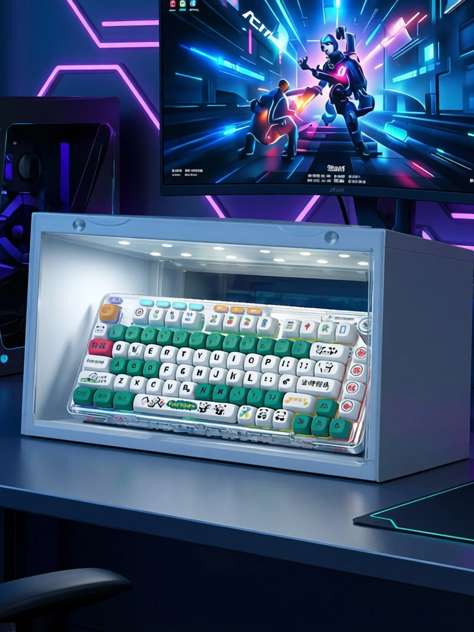 防塵キーボード収納ボックス：音声制御ライトと透明ディスプレイでゲーミングデスクを整える