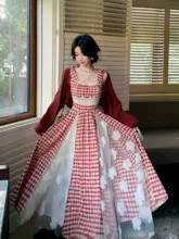 甘美なフランス風ビンテージチェック柄レース刺繍ウエストリボン付きフレアワンピース