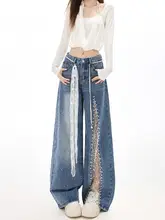 レースメッシュ＆ビジュー付きデニムパンツ【ハイウエスト・ワイドレッグ・夏用・フィット】