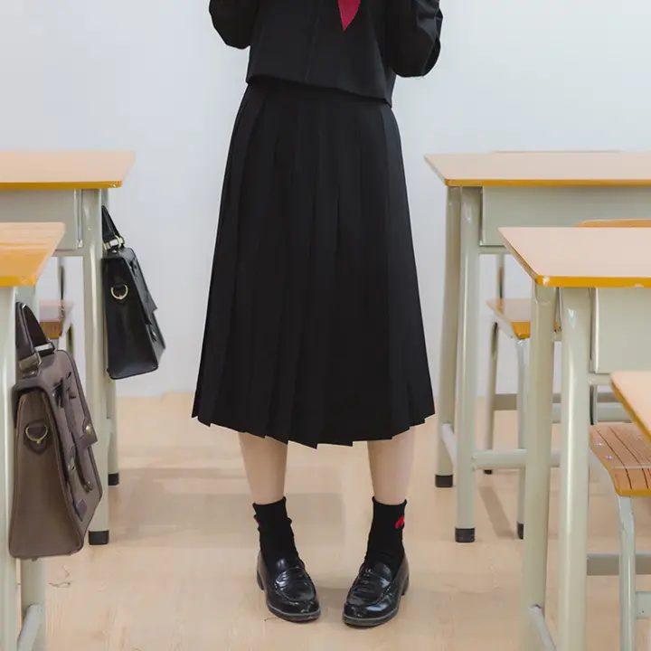 梗豆物語 冬用ウールミディスカート【黒・紺色・プリーツ・JK制服スタイル】