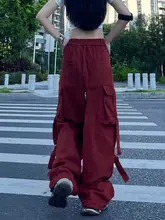 ユニセックス ストリートダンス用 ワイドレッグカーゴパンツ【レッド・機能的束脚デザイン】