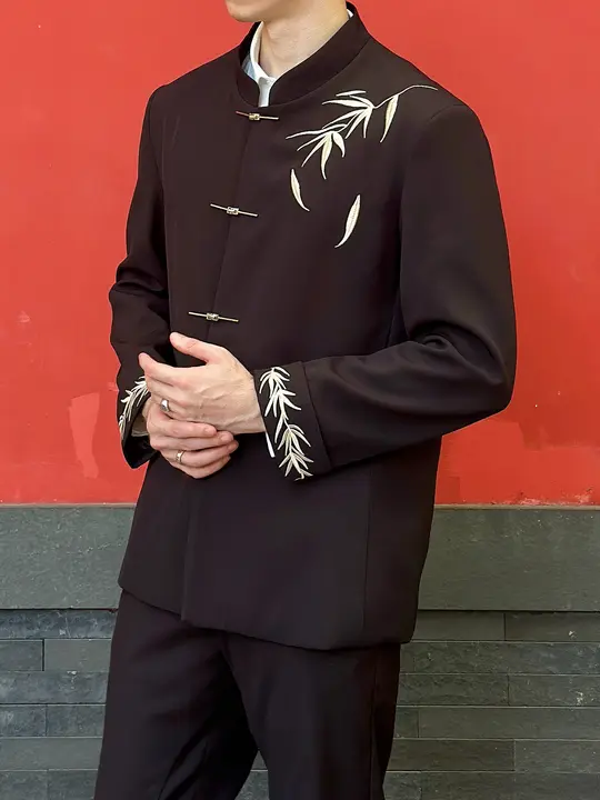 中華風デザインの刺繍入り竹製ボタンのジャケット【中山襟・男性用・フォーマルウェア】