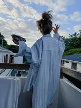 MOERSHOP ストライプBFスタイル UVカットシャツ【夏用・ゆったりフィット】