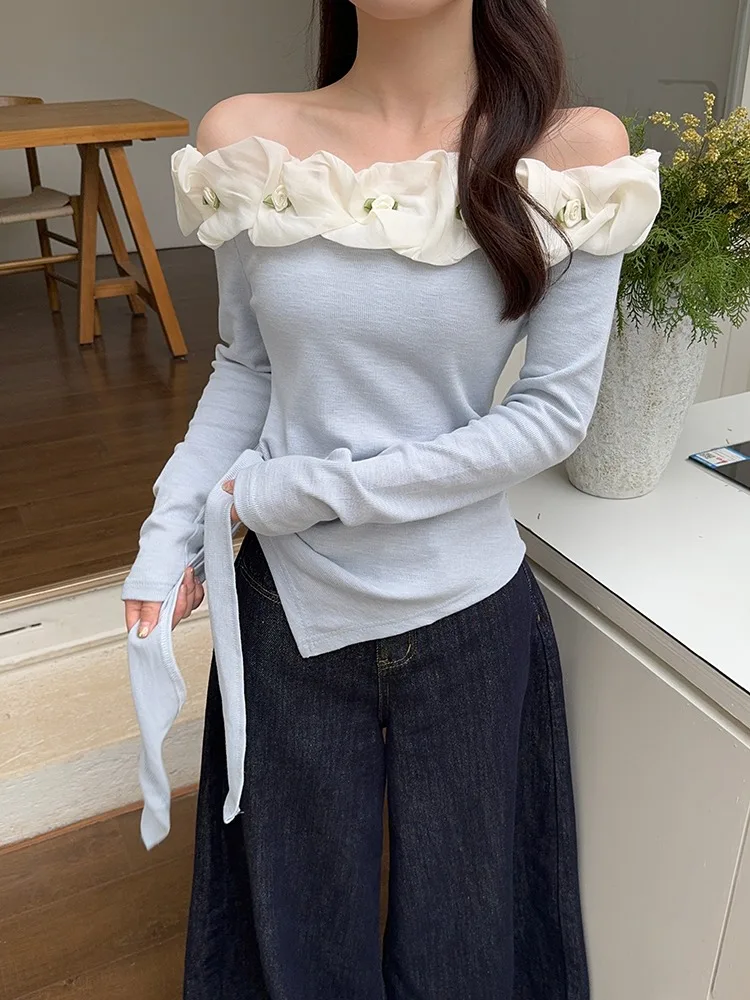 春にぴったりな魅力的な花立体刺繍Tシャツ【オフショルダー・不規則デザイン・優美なシルエット】