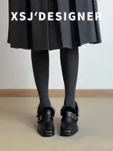牛革製 ヴィンテージ風 加絨ローファー【女性用・ブラック・通勤用・太ヒール】