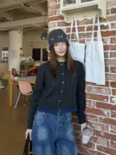 アメリカンビンテージ風のカラーブロックニットカーディガン【レディース・秋冬・丸首・カジュアル・ショート丈】