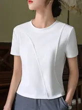 白色Tシャツ レディース 短袖 インナー用 丸首フィットトップス【フィッシュボーンデザイン・スリムフィット・ショート丈】