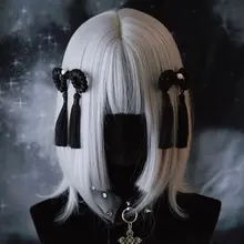 オリジナル手作り風合いのパール風タッセルヘアクリップ【ダークブラック・左右兼用】