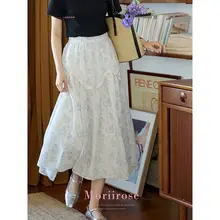 ブルーのレース切替プリントミディスカート【高腰・夏用・ヴィンテージ風・女性用】