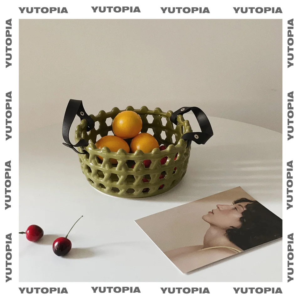 中古デザインの陶器製フルーツバスケット【収納用・高級おやつ皿・創造的なインテリア】