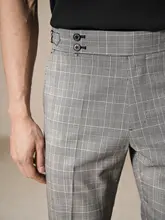ウエストフィットの薄手ウールパンツ【ウエッジウール・ウエストタック・九分丈・チェック柄・スリムデザイン】（セットアップ対応）