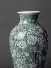若奈 グリザイユ手描き彩色花瓶【青緑色・連理枝デザイン・インテリア装飾用】