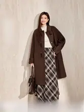 大きいサイズ女性用レトロなバイカラーボタン付きダブルフェイスコート【ノーカラー・ウール混素材】