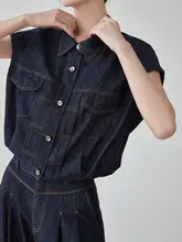 アメリカンヴィンテージデニムジレ【ルーズフィット・シングルボタン・ワイドレッグパンツ・カジュアルスタイル】（セットアップ対応）