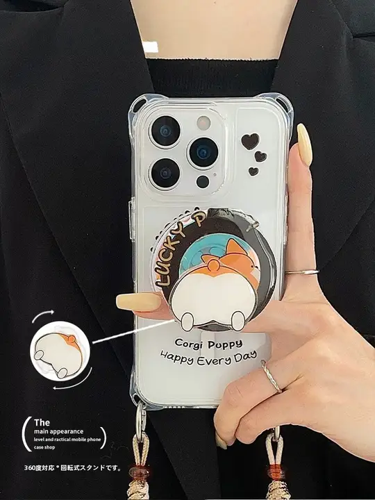 可愛いコーギーのiPhoneカバー【ストラップ付き・マグネットスタンド・全機種対応】