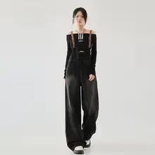 ブラックデニムサロペットパンツ【春用・フィット・ストレートレッグ】