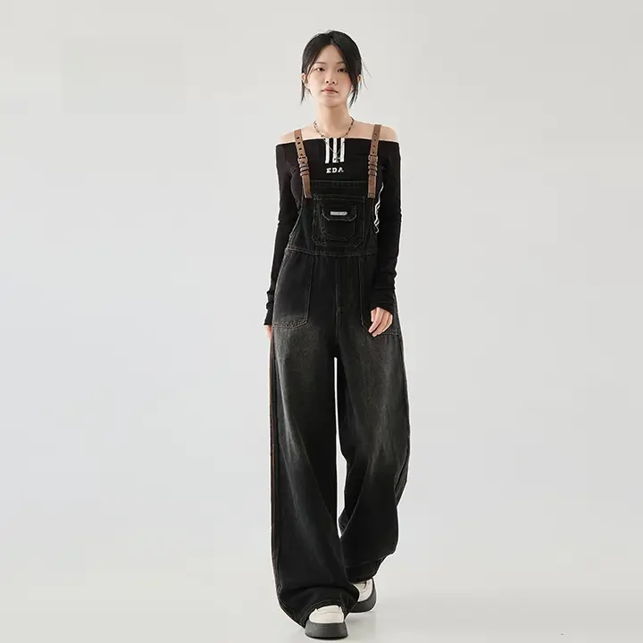 ブラックデニムサロペットパンツ【春用・フィット・ストレートレッグ】