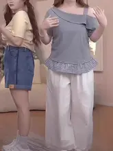 大きいサイズのコットン製オフショルダー半袖Tシャツ【ウエストシェイプ・夏用・デザイン性あり】（セットアップ対応）