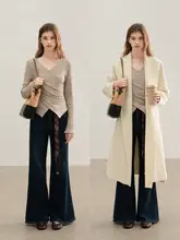 レトロデザインの交差ニットVネックTシャツ【女性用・秋季・スリムフィット・長袖】