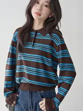ストライプ柄 長袖Tシャツ【レディース・ポロシャツ・学院風・シルエットを美しく見せる】