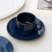 レトロデザインの陶器製ラテカップ【宝石のようなブルー・コーヒーカップと受け皿】