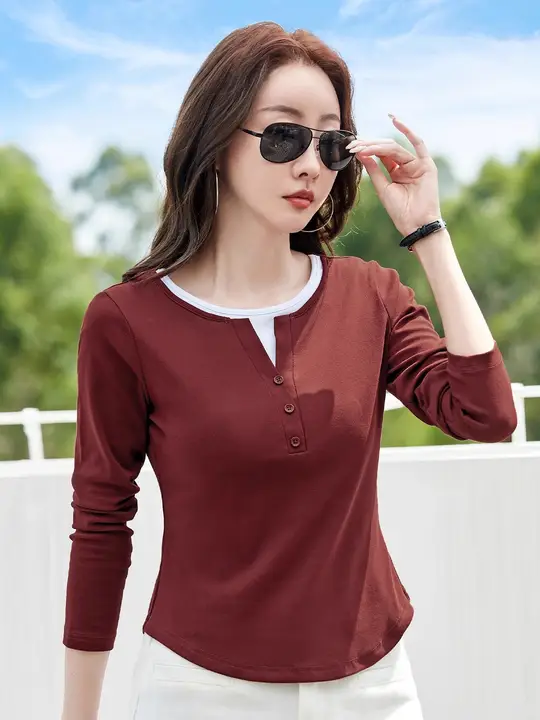 おしゃれなバイカラー 長袖Tシャツ【丸首・レディース・極上の柔らかさ・スリムフィット】（セットアップ対応）