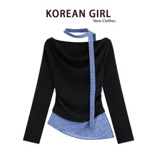 斜め肩のデザイン 長袖チェックTシャツ【着やせ効果・秋冬用・おしゃれ】（セットアップ対応）