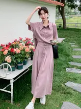 独特な美しさのピンクデニムワンピース【夏用・長袖シャツドレス】