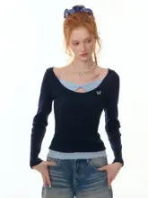 秋冬用アメリカンデザインのリボン付き長袖ニットTシャツ【インナー用】（セットアップ対応）