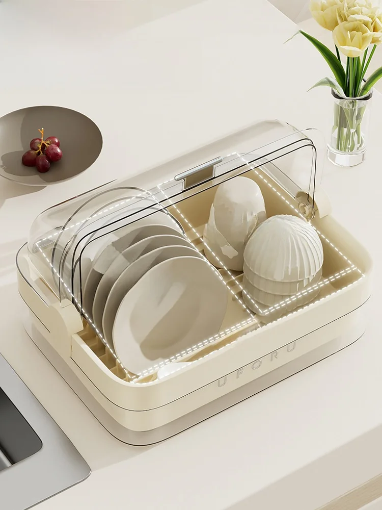 キッチン用収納ラック：フ  タ付き・食器水切り機能で小スペースでも効率的にお皿を収納
