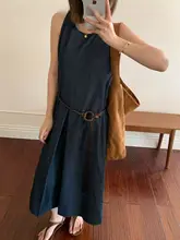 ニューヨーク風デザインのノースリーブワンピース【仿牛仔・Uネック・ルーズフィット】