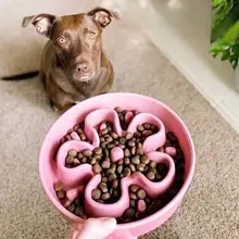 陶器製の犬用スローフードボウル【ピンク・倒れにくいデザイン・中型大用】（セットアップ対応）