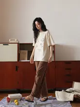 かわいいカートゥーンプリントの半袖長ズボンパジャマ【綿100%・ウェア・カジュアル・家庭用】（セットアップ対応）