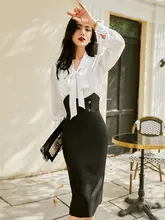 白色のリボン付き長袖シャツ【ビジネスシーン・春用・女性用】（セットアップ対応）