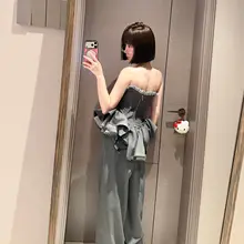 グレーのウエストマーク付きマシュマロトップスとロングパンツ【アメリカンヴィンテージスタイル・スリムフィット】（セットアップ対応）