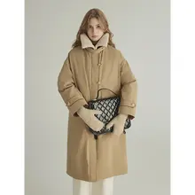 北欧スタイル 毛付き2トーン中長羽毛コート【軽量・翻领デザイン・レディース】