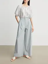 Annata ベージュカラーのワイドレッグパンツ【夏用・薄手・高腰・フィット】