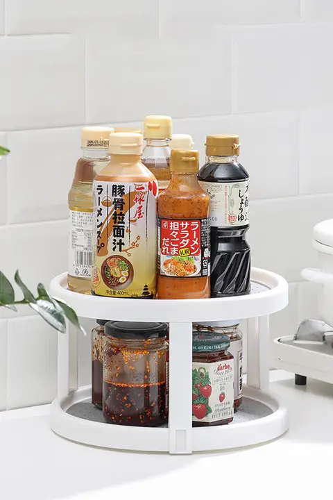 多機能キッチン用 回転式調味料ラック【収納ボックス・野菜用トレイ】