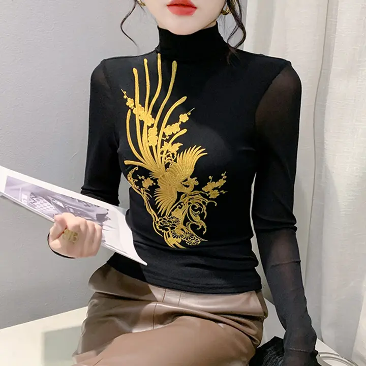 エレガントな刺繍トップス【女性用・秋用・高ニット・ネット素材・タイトフィット・長袖Tシャツ】