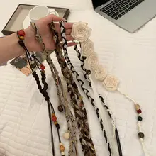 ボヘミアン風フラワー編み込みビーズベルト【レトロスタイル・スカートやジーンズに最適・細ウエストロープ】