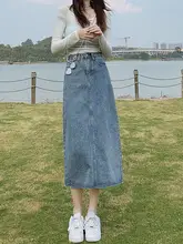 スリット入りデニムスカート【ハイウエスト・Aライン・春秋用・ミディ丈】