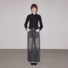 ヴィンテージ風 立体感のある猫ひげデザイン 水洗いデニムパンツ【女性用・ストレート・秋冬用】