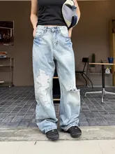 ヴィンテージ風ウォッシュ加工ストレートデニムパンツ【ユニセックス・ダメージデザイン・カジュアル】
