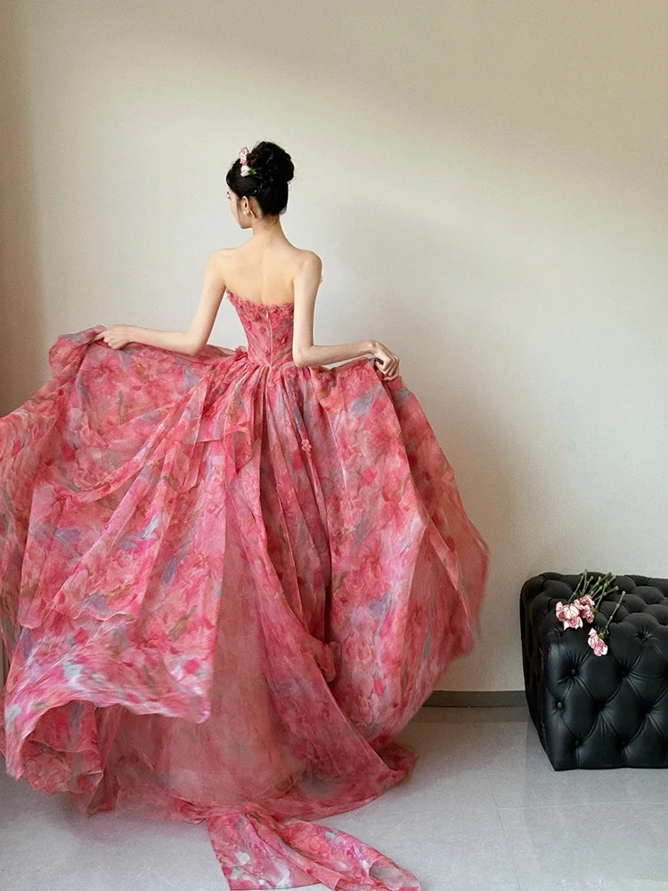 エレガントなビスチェデザインのmany way airy veil dress：結婚式・パーティーで活躍する花色A字長裙ドレス