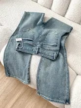高腰のデザインが魅力！薄色ダメージデニムのフレアパンツ【夏用・煌めくストーン付き】