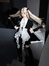 ロリータ風不規則デザインシャツ＆スカート【フリル付き・オリジナル・半袖】【セットアップ対応】