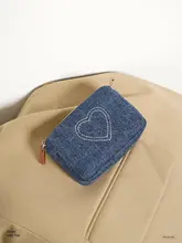 がま口ポーチ 小銭入れ カードケース デニム ハート刺繍 ウォッシュ加工 ヴィンテージ「Momogigi」