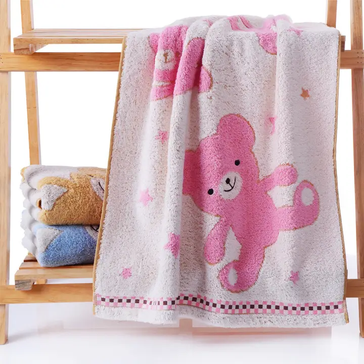 カートゥーンデザインの子供用バスタオル【綿素材・柔らかい・クマ柄】