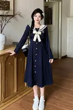 女性用春の大きいサイズ 学院風刺繍ネイビー襟ウエストマークワンピース（セットアップ対応）