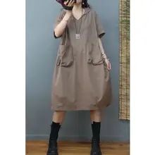 大きなポケット付きシンプルカジュアルワンピース【ミディ丈・半袖・フード付き・夏用】